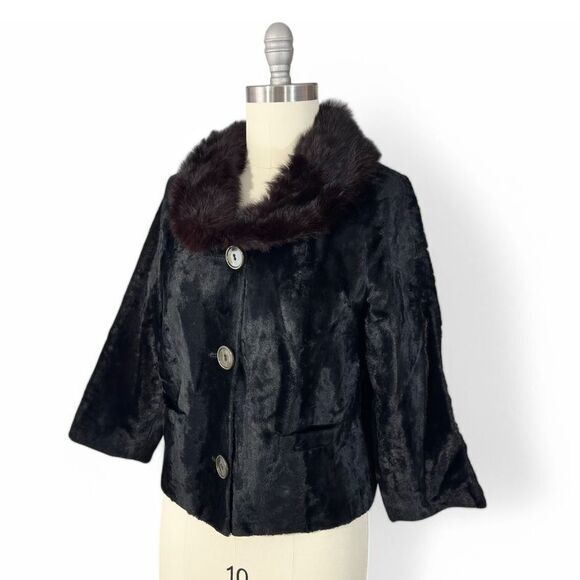 Vintage 1950s Black Velvet Jacket with Fur-Trimmed‎ Collar | Size M - Picture 5 of 8
